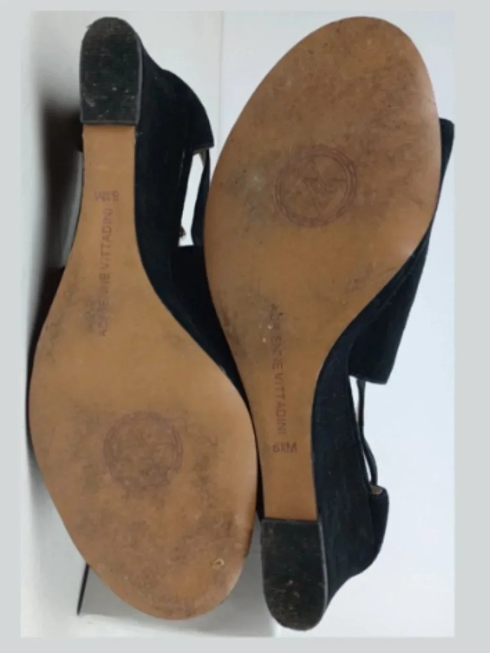 Adrienne Vittadini Women 8.5M Black Fine Leather‎ Suede Ankle Wedge Heel Sandals